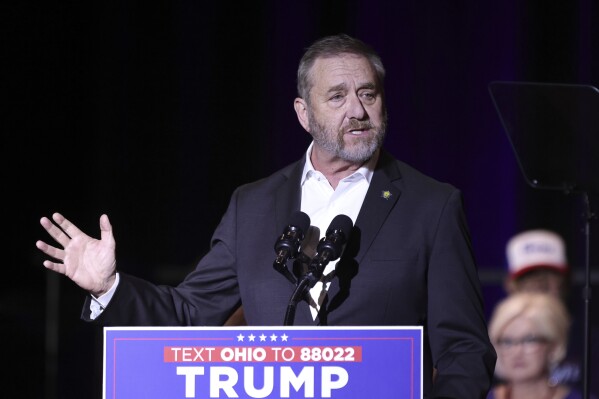 Ohio attorney general Dave Yost speaks during a rally for Republican vice presidential candidate Sen. JD Vance, R-Ohio, in Middletown, Ohio, Monday, July 22, 2024. (AP Photo/Paul Vernon, File)