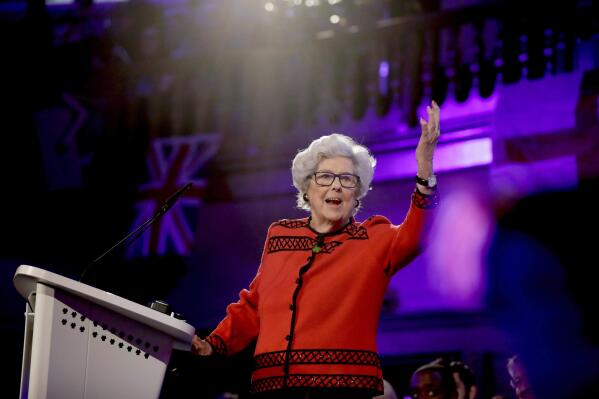 FILE - Betty Boothroyd, the former Speaker of the House of Commons in Britain's Parliament, addresses a People's Vote rally calling for a second referendum on Britain's European Union membership, in London, Tuesday, April 9, 2019. Boothroyd, the first – and so far only — female speaker of Britain’s House of Commons, has died, parliamentary authorities said Monday, Feb. 27, 2023. She was 93. Boothroyd, who presided over the Commons’ often raucous debates with no-nonsense humor between 1992 and 2000, died Sunday at a hospital in Cambridge, southern England. (AP Photo/Matt Dunham, File)