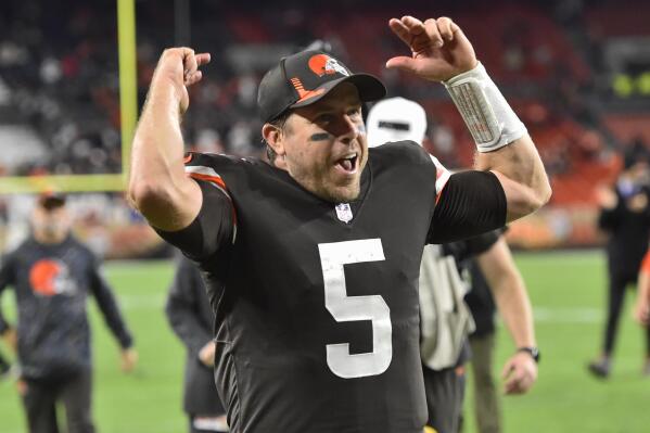 Cleveland Browns quarterback Case Keenum celebrates after the Browns defeated the Denver Broncos 17-14 in an NFL football game Thursday, Oct. 21, 2021, in Cleveland. (AP Photo/David Richard)