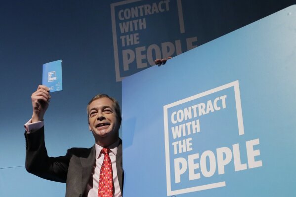 FILE - In this Friday, Nov. 22, 2019 file photo, Nigel Farage, leader of Britain's Brexit Party poses for photographers after speaking on stage at the launch of their policies for the General Election campaign, in London.  Farage, the self-declared “pantomime villain” of Brexit, told the Associated Press Tuesday Jan. 14, 2020, he is leaving the European Union's parliament in Strasbourg later this week with a sense of mission accomplished. (AP Photo/Kirsty Wigglesworth, File)