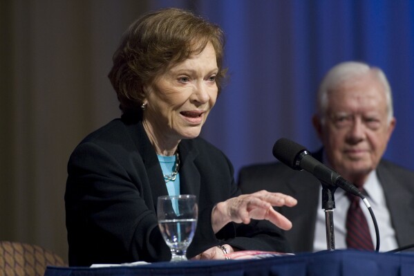 FILE Rosalynn Carter, left, and her husband former President Jimmy Carter update donors about current activities of the Carter Center in Atlanta, April 23, 2010. Rosalynn Carter, the closest adviser to Jimmy Carter during his one term as U.S. president and their four decades thereafter as global humanitarians, has died at the age of 96. The Carter Center said she died Sunday, Nov. 19, 2023. (AP Photo/John Amis, File)