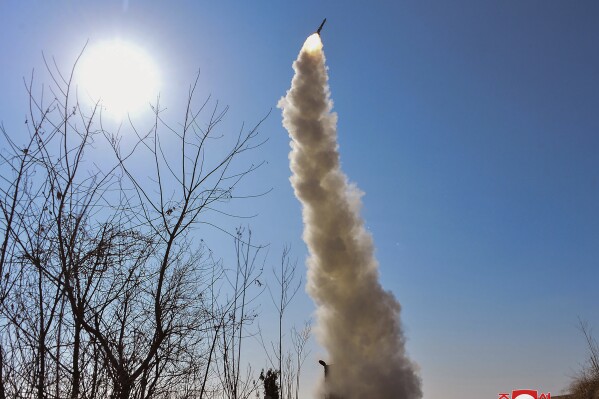 This photo provided by the North Korean government, shows what it says a test firing of a new anti-air missile in North Korea Friday, Feb. 2, 2024. Independent journalists were not given access to cover the event depicted in this image distributed by the North Korean government. The content of this image is as provided and cannot be independently verified. Korean language watermark on image as provided by source reads: 