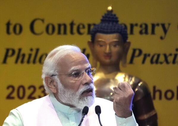 Indian Prime Minister Narendra Modi speaks during the inauguration of the Global Buddhist Summit, in New Delhi, India, Thursday, April 20, 2023. (AP Photo/Manish Swarup)