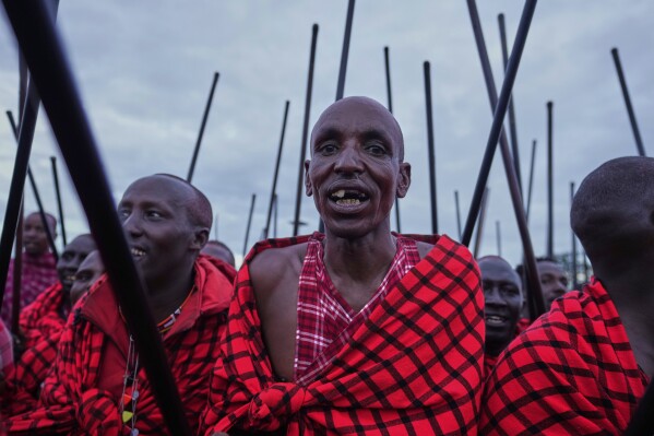 Men of the Maasai tribe perform a traditional dance, during a Maasai male rite of passage, specifically the initiation of boys, marking the transition from childhood to becoming a moran (warrior) in Olaimutiai, Narok County, Kenya Wednesday, April 23, 2024. (AP Photo/Brian Inganga)