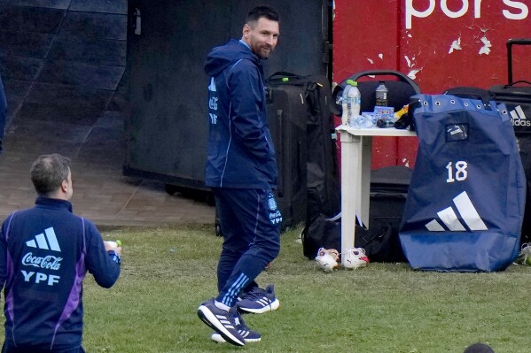 Argentina's Lionel Messi walks after national soccer team practice in La Paz, Bolivia, Monday, Sept. 11, 2023. Argentina will face Bolivia for a qualifying soccer match for the FIFA World Cup 2026, in La Paz, on Tuesday (AP Photo/Juan Karita)