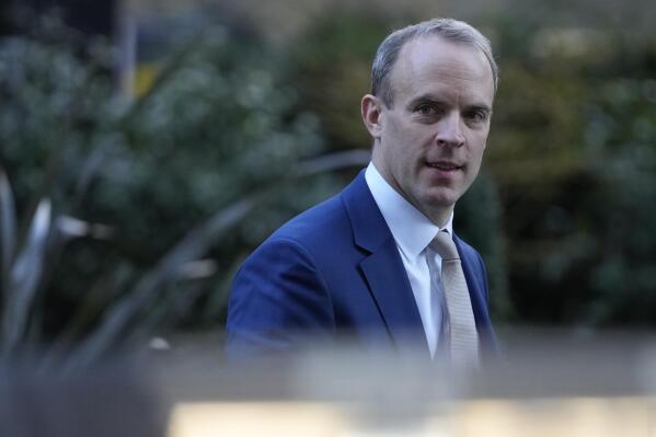FILE - Britain's Deputy Prime Minister Dominic Raab arrives at 10 Downing Street in London, Tuesday, Jan. 18, 2022. Raab has resigned after an independent investigation into complaints that he bullied civil servants. Raab’s decision Friday, April 21, 2023 came the day after Prime Minister Rishi Sunak received findings into eight formal complaints that Raab, who is also justice secretary, had been abusive toward staff during a previous stint in that office and while serving as foreign secretary and Brexit secretary. (AP Photo/Alastair Grant file)
