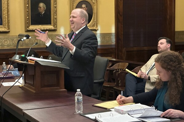 Attorney Chuck Hatfield makes an argument on state Senate voting districts before the Missouri Supreme Court, Thursday, Feb. 1, 2024, in Jefferson City, Mo.. A divided Missouri Supreme Court upheld voting districts used for state Senate elections on Wednesday, Feb. 14, 2024, rejecting a legal challenge that claimed mapmakers should have placed a greater emphasis on keeping communities intact. (AP Photo/David A. Lieb, File)