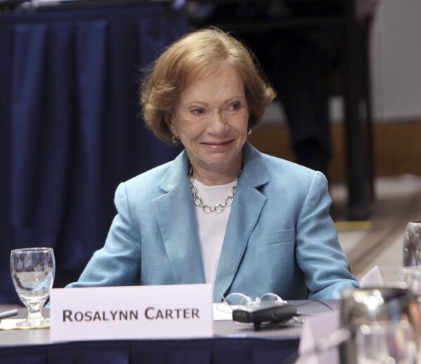 FILE - Former First Lady Rosalynn Carter listens to a speaker at The Carter Center in Atlanta on April 6, 2011. Rosalynn Carter, the closest adviser to Jimmy Carter during his one term as U.S. president and their four decades thereafter as global humanitarians, has died at the age of 96. The Carter Center said she died Sunday, Nov. 19, 2023. (AP Photo/Jason Bronis, File)