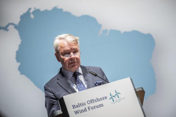 Finnish Foreign Minister Pekka Olavi Haavisto speaks at the "Baltic Offshore Wind Forum" in Berlin Tuesday, May 9, 2023. (Michael Kappeler/dpa via AP)