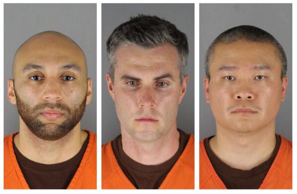 FILE - This combination of photos provided by the Hennepin County Sheriff's Office in Minnesota on June 3, 2020, shows, from left, former Minneapolis police officers J. Alexander Kueng, Thomas Lane and Tou Thao. The former policer officers have been convicted of violating George Floyd’s civil rights when Officer Derek Chauvin pressed his knee into Floyd’s neck for 9 1/2 minutes as the 46-year-old Black man was handcuffed and facedown on the street on May 25, 2020. (Hennepin County Sheriff's Office via AP, File)
