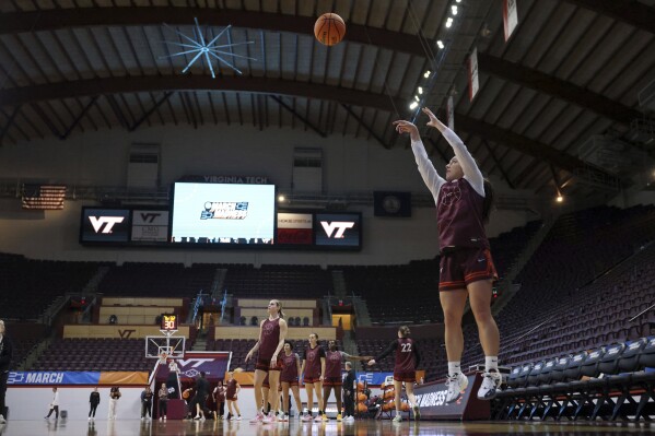 Virginia Tech's Georgia Amoore (5) shoots during practice in Blacksburg, Va., Thursday, March 21, 2024. Virginia Tech plays a first-round women's NCAA Tournament game on Friday. (Matt Gentry/The Roanoke Times via AP)