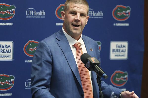 Florida head football coach Billy Napier speaks to the media during his introductory NCAA college football news conference in Gainesville, Fla., Sunday, Dec. 5, 2021. (Stephen M. Dowell/The Gainesville Sun via AP)