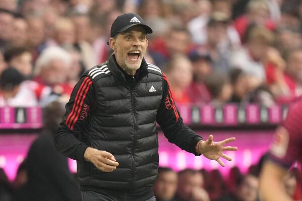 Bayern's head coach Thomas Tuchel reacts during the German Bundesliga soccer match between FC Bayern Munich and RB Leipzig at the Allianz Arena stadium in Munich, Germany, Saturday, May 20, 2023. (AP Photo/Matthias Schrader)