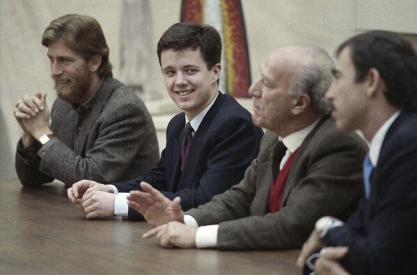 FILE - Danish Crown Prince Frederik, second from left, meets with the Mondavi family in Oakville on Friday, Jan. 20, 1989. (AP Photo/David Weintraub, File)