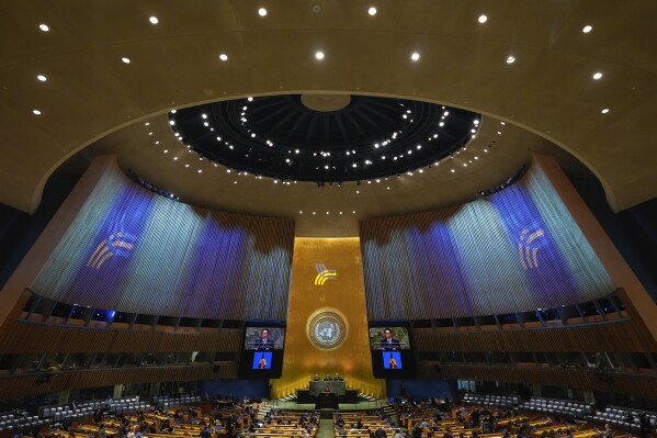 Japan's Prime Minister Fumio Kishida speaks to the United Nations General Assembly during Summit of the Future, Sunday, Sept. 22, 2024 at U.N. headquarters. (AP Photo/Frank Franklin II)