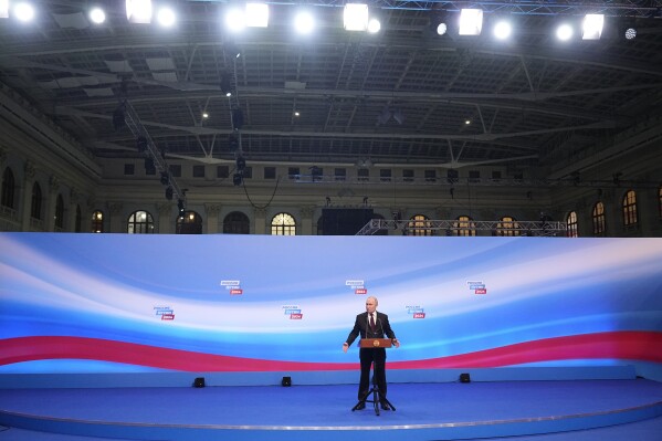 Russian President Vladimir Putin speaks on a visit to his campaign headquarters after a presidential election in Moscow in Moscow, Russia, early Monday, March 18, 2024. (AP Photo/Alexander Zemlianichenko)