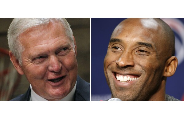 FILE - At left, Jerry West speaks at the Hall of Fame Museum in Springfield, Mass. Friday, Aug. 13, 2010. At right, Kobe Bryant smiles before an NBA basketball game in Washington, Nov. 26, 2013. It was during the NBA Finals in 2010. Kobe Bryant was asked a question about whether he thought he was the greatest Los Angeles Laker ever. The answer was immediate. “No,” Bryant said. He wasn’t being difficult or misleading and the question was fair, especially because Bryant surely would have been on the short list for such a title. But in Bryant’s mind, that distinction — greatest Laker ever — belonged to only one person. To him, the only answer was Jerry West. (AP Photo/File)