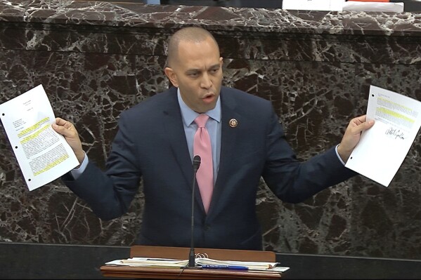 FILE - In this image from video, House impeachment manager Rep. Hakeem Jeffries, D-N.Y., answers a question during the impeachment trial against President Donald Trump in the Senate at the U.S. Capitol in Washington, Jan. 29, 2020. (Senate Television via Ǻ, File)