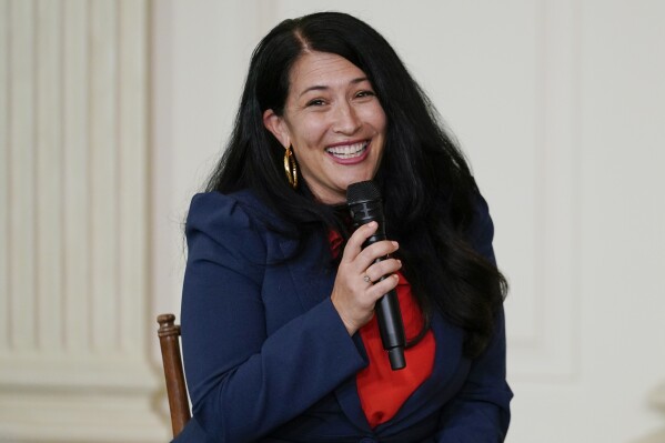 FILE - Ada Limón, 24th Poet Laureate of the United States, speaks during an event for the Class of 2022 National Student Poets at the White House in Washington Tuesday, Sept. 27, 2022. Limón, is launching her intended signature project in April 2024, which is National Poetry Month. The project is called “You Are Here” and includes an anthology of nature poems and visits to seven national parks. (AP Photo/Carolyn Kaster, File)