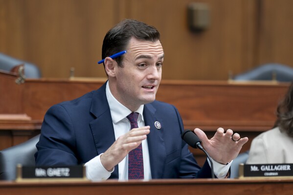 FILE - Rep. Mike Gallagher, R-Wis., speaks during a hearing at the Capitol in Washington on July 18, 2023. China on Tuesday, May 21, 2024, sanctioned Mike Gallagher, a former Republican member of Congress from Wisconsin who has shown support for Taiwan. Gallagher will be banned from entering China, any assets he holds in the country will be frozen and he will be barred from various exchanges with Chinese organizations and individuals, the country's Foreign Ministry announced. (AP Photo/J. Scott Applewhite, File)