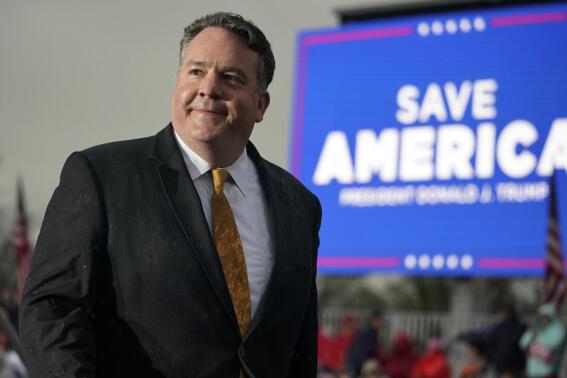 FILE - U.S. Rep. Alex Mooney, R-WVa., is pictured at a campaign rally at the Westmoreland Fair Grounds in Greensburg, Pa., May 6, 2022. Mooney did not wait long to announce a run for Senate in 2024. Just a week after breezing to reelection for a fifth term in Congress, the Republican backed by former President Donald Trump said Tuesday, Nov. 15, that he is entering the race for the seat held by the only Democrat left standing in statewide office in West Virginia: U.S. Sen. Joe Manchin. (AP Photo/Gene J. Puskar, File)