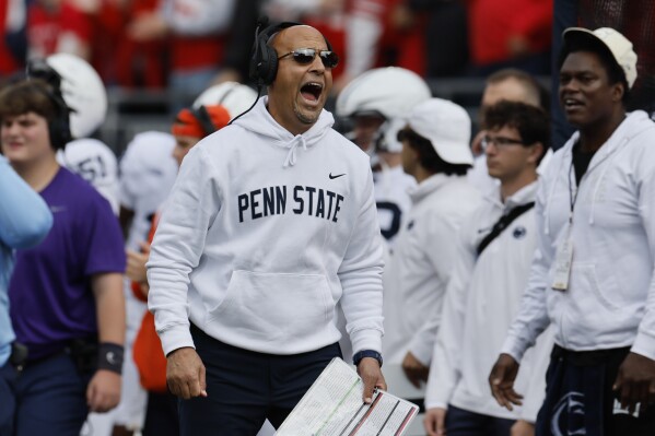 Penn State head coach James Franklin shouts to his team during the first half of an NCAA college football game against Ohio State, Saturday, Oct. 21, 2023, in Columbus, Ohio. (AP Photo/Jay LaPrete)