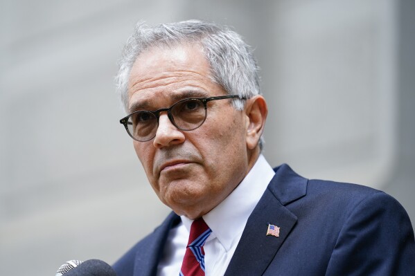 FILE - Philadelphia District Attorney Larry Krasner speaks with members of the media during a news conference in Philadelphia on Oct. 13, 2022. (AP Photo/Matt Rourke, File)