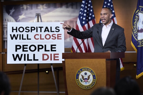 House Minority Leader Hakeem Jeffries, D-N.Y., tells reporters he agrees with Elon Musk's criticism of President Donald Trump's spending and tax bill, calling it a "disgusting abomination," during a news conference at the Capitol in Washington, Tuesday, June 3, 2025. (AP Photo/J. Scott Applewhite)