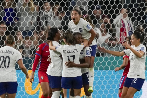France's Kadidiatou Diani celebrates after scoring her side's third goal during the Women's World Cup Group F soccer match between France and Panama at the Sydney Football Stadium in Sydney, Australia, Wednesday, Aug. 2, 2023. (AP Photo/Mark Baker)