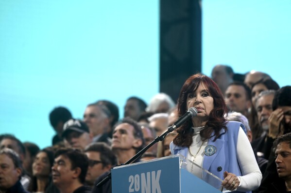 FILE - Argentina's Vice President Cristina Fernandez attends a rally in Plaza de Mayo in Buenos Aires, Argentina, May 25, 2023. A federal appeals court in Argentina reopened a corruption-related investigation against Fernandez Tuesday, Nov. 28, 2023, mere weeks before she is set to leave office and will no longer enjoy immunity from arrest. (AP Photo/Mario De Fina, File)