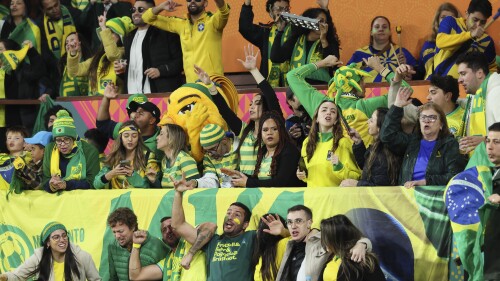 Brazilian fans react ahead of the Women's World Cup Group F soccer match between Brazil and Panama in Adelaide, Australia, Monday, July 24, 2023. (AP Photo/James Elsby)