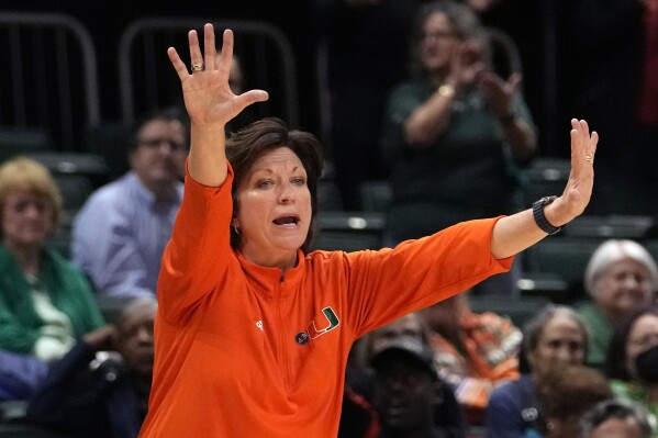 FILE - Miami head coach Katie Meier reacts during the second half of an NCAA college basketball game against North Carolina State, Thursday, Jan. 18, 2024, in Coral Gables, Fla. Katie Meier, who led Miami to 10 NCAA tournaments and guided the Hurricanes to the Elite Eight last season, announced her retirement from coaching on Thursday, March 21, 2024. (AP Photo/Lynne Sladky, File)