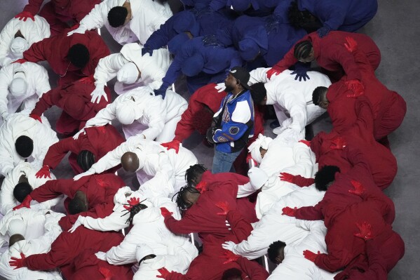 Kendrick Lamar performs during halftime of the NFL Super Bowl 59 football game between the Kansas City Chiefs and the Philadelphia Eagles, Sunday, Feb. 9, 2025, in New Orleans. (AP Photo/David J. Phillip)