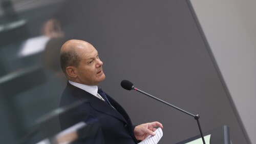 German Chancellor Olaf Scholz speaks during a meeting of the German federal parliament, Bundestag, at the Reichstag building in Berlin, Germany, Wednesday, July 5, 2023. (AP Photo/Michele Tantussi)