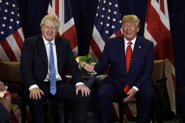 FILE – Then-U.S. President Donald Trump meets with then-British Prime Minister Boris Johnson at the United Nations General Assembly, Tuesday, Sept. 24, 2019. As chances rise of a Joe Biden-Trump rematch in the U.S. presidential election race, America’s allies are bracing for a bumpy ride. Johnson raised some eyebrows recently when he argued that “a Trump presidency could be just what the world needs.” (AP Photo/Evan Vucci, File)