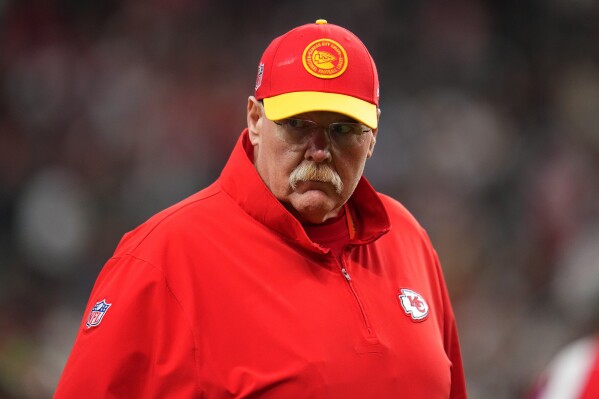 Kansas City Chiefs head coach Andy Reid watches warm ups before the NFL Super Bowl 58 football game against the San Francisco 49ers, Sunday, Feb. 11, 2024, in Las Vegas. (AP Photo/Julio Cortez)