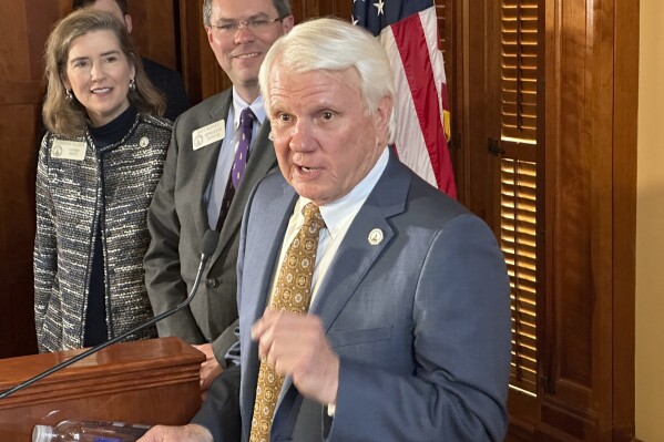 Georgia House Speaker Jon Burns, R-Newington, announces plans for an increased state income tax deduction for children Wednesday, Jan. 24, 2024, at the state Capitol in Atlanta. The increased deduction could save parents about $55 per child per year, or about $150 million statewide (AP Photo/Jeff Amy)