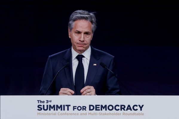 U.S. Secretary of State Antony Blinken delivers remarks at the third Summit for Democracy, in Seoul, South Korea, Monday, March 18, 2024. (Evelyn Hockstein/Pool Photo via AP)
