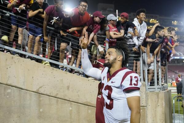 Southern California quarterback Caleb Williams (13) walks off the field after his team's victory over Stanford in an NCAA college football game in Stanford, Calif., Saturday, Sept. 10, 2022. (AP Photo/Godofredo A. Vásquez)