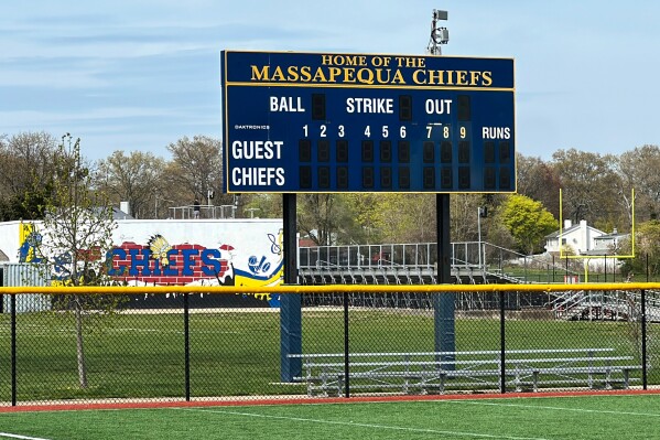 Chiefs signs and logos are displayed Massapequa High School in Massapequa, N.Y., Friday, April 25, 2025. (AP Photo/Ted Shaffrey, File)