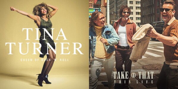 This combination of images shows "Tina Turner, Queen of Rock ‘n’ Roll (A Collection Of All Her Singles From 1975-2023)," left, and "Take That," from This Life. (Rhino Records/EMI Records via AP)