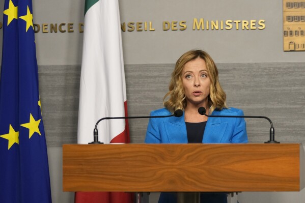 Italian Premier Giorgia Meloni speaks during a joint press conference with Lebanon’s caretaker Prime Minister Najib Mikati, Friday, Oct. 18, 2024, in Beirut, Lebanon. (AP Photo/Hassan Ammar)