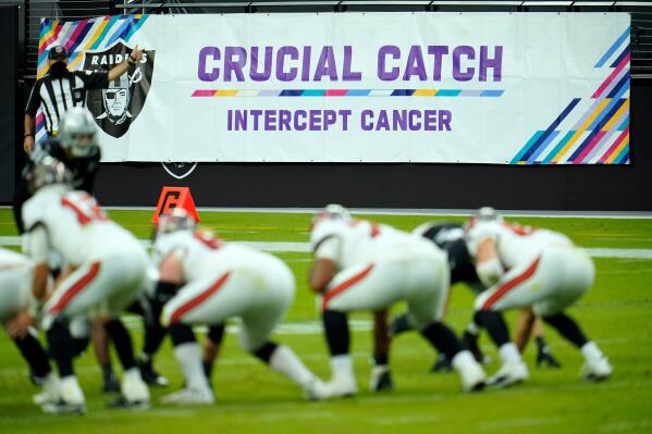 FILE - A "Crucial Catch" banner is on display during an NFL football game between the Las Vegas Raiders and the Tampa Bay Buccaneers in Las Vegas, in this Sunday, Oct. 25, 2020, file photo. The NFL is launching its “Crucial Catch” initiative this month, and it is concentrating on getting screened to catch cancer early when it may be easier to treat. The COVID-19 pandemic has had a devastating impact on screening, with some cancer screenings declining by 90%. So the league and the American Cancer Society are allocating resources dedicated to safely restarting cancer screenings in communities with the most need. (AP Photo/Jeff Bottari, File)