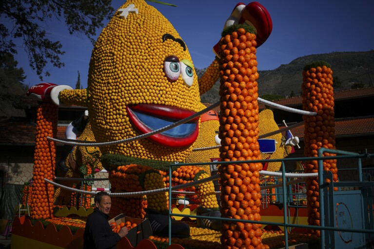 A worker places citrus fruits on an olympic boxing carnival float during the 90th Olympia in Menton edition of the Lemon Festival in Menton, southern France, Saturday, Feb. 17, 2024. (AP Photo/Daniel Cole)