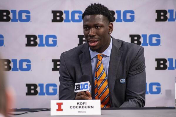 Illinois' Kofi Cockburn addresses the media during the first day of the Big Ten NCAA college basketball media days, Thursday, Oct. 7, 2021, in Indianapolis. (AP Photo/Doug McSchooler)