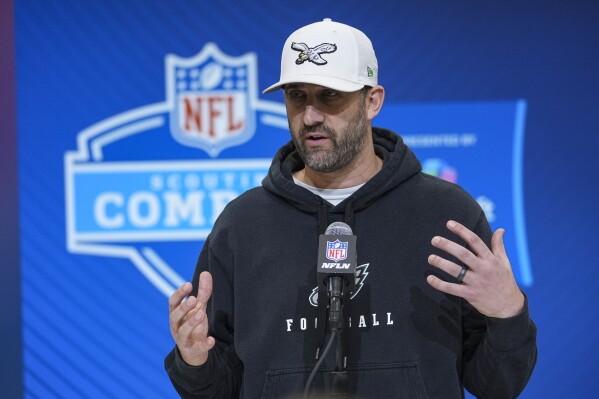 Philadelphia Eagles head coach Nick Sirianni speaks during a press conference at the NFL football scouting combine in Indianapolis, Tuesday, Feb. 25, 2025. (AP Photo/Michael Conroy)
