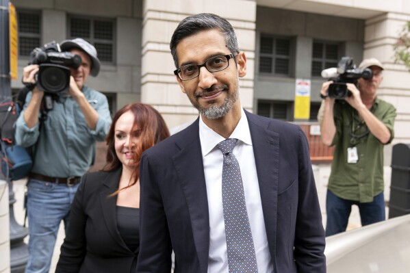 FILE - Google CEO Sundar Pichai leaves the federal courthouse in Washington, Monday, Oct. 30, 2023. (AP Photo/Jose Luis Magana, File)