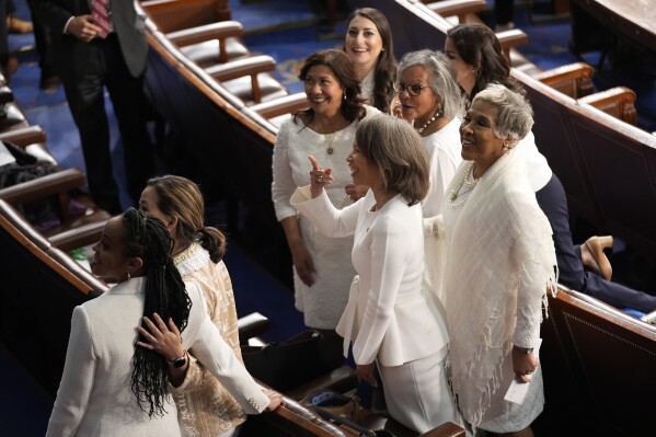 Democratic Members of Congress arrive before President Joe Biden delivers the State of the Union address to a joint session of Congress at the U.S. Capitol, Thursday March 7, 2024, in Washington. (AP Photo/Andrew Harnik)