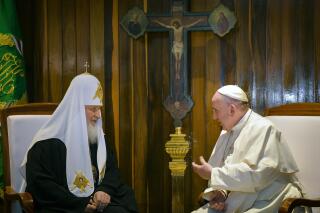 FILE — In this Friday, Feb. 12, 2016 file photo, the head of the Russian Orthodox Church Patriarch Kirill, left, and Pope Francis talk during their meeting at the Jose Marti airport in Havana, Cuba. Pope Francis hasn’t made much of a diplomatic mark in Russia’s war in Ukraine as his appeals for an Orthodox Easter truce went unheeded and a planned meeting with the head of the Russian Orthodox Church was canceled. (Adalberto Roque/Pool photo via AP)