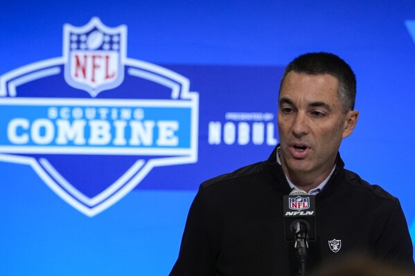Las Vegas Raiders general manager Tom Telesco speaks during a press conference at the NFL football scouting combine in Indianapolis, Tuesday, Feb. 27, 2024. (AP Photo/Michael Conroy)